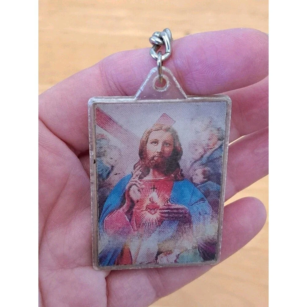 Vintage Lenticular Holographic Keychain Jesus Mary Religious Christian 2-sided